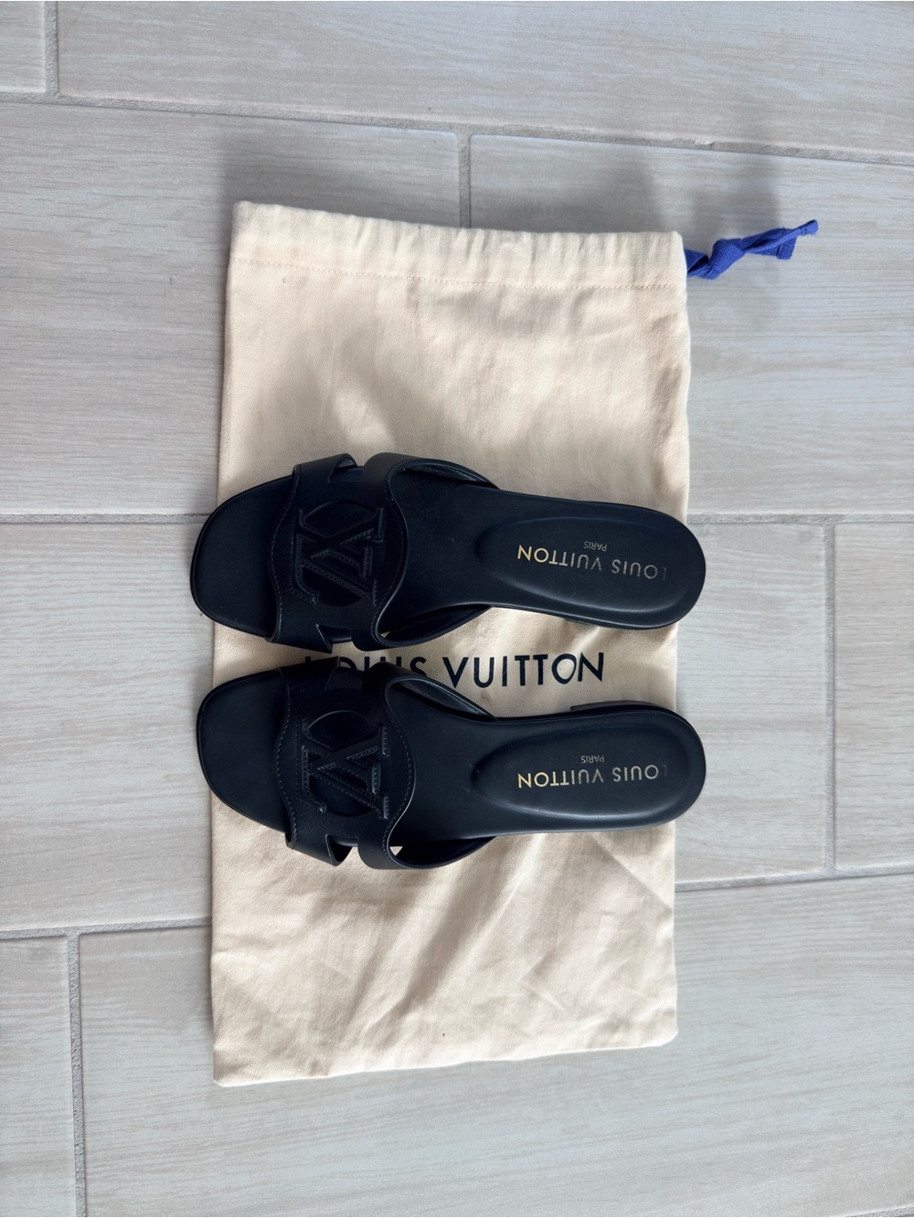 Louis Vuitton Black Leather LV Logo Slide Mules - Picture 2 of 5
